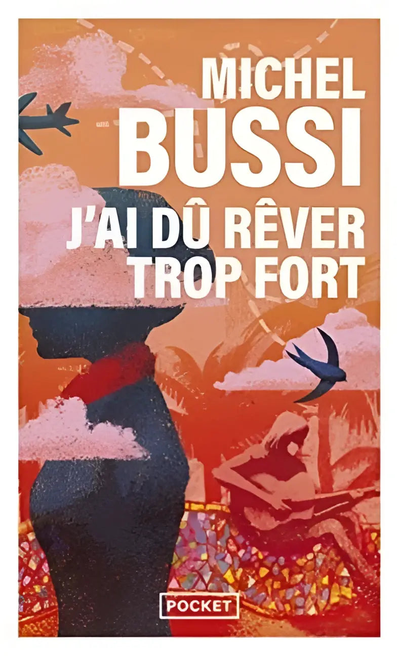 Boekcover van j’ai du rever trop fort met witte tekst op oranje-roze achtergrond en silhouette tegen tropisch decor