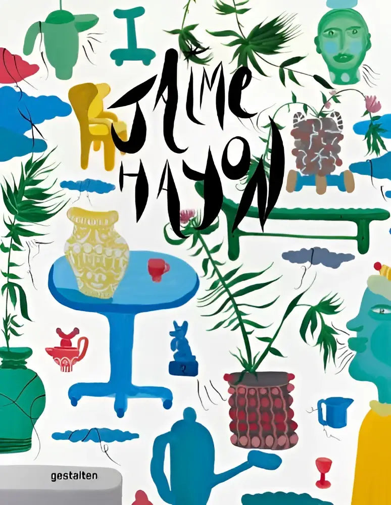 Een levendig geïllustreerde albumhoes van jaime hayon elements met een blauwe tafel en gele en rode keramische vazen