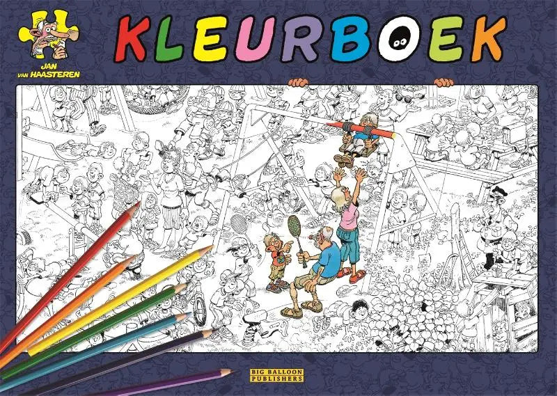Kleurboek cover met gedetailleerde zwart-wit tekening van druk pretpark en kleurrijke titel jan van haasteren haasteren kleurboek jonge lezers