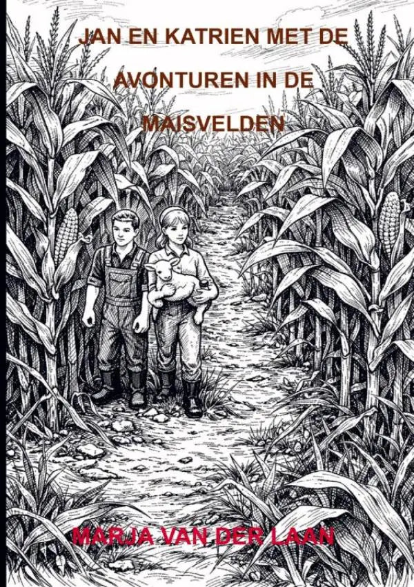 Zwart-wit geïllustreerde boekcover met twee kinderen in tuingoedoverall in maïsveld voor jonge lezers