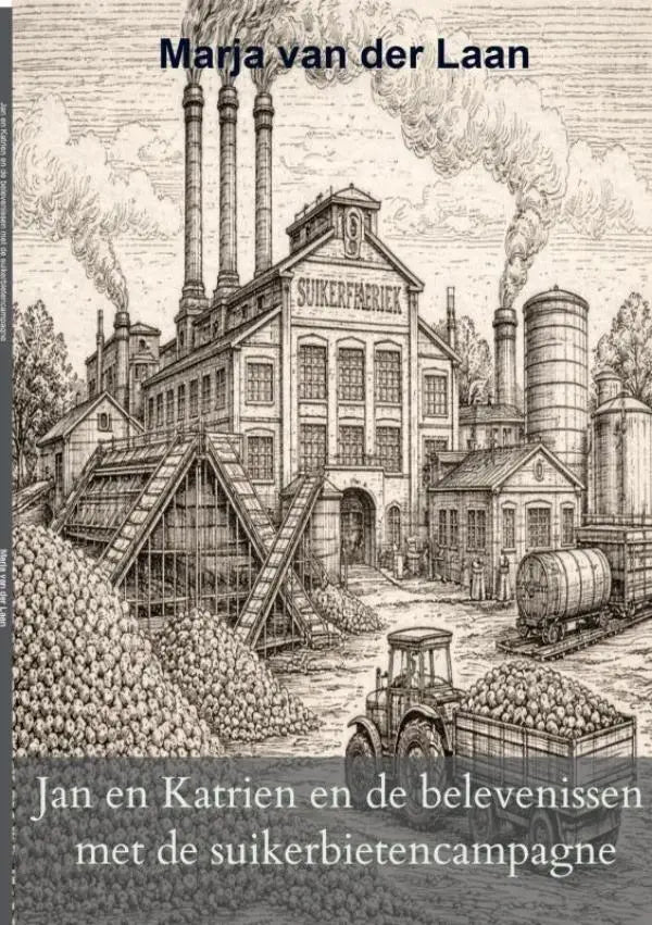 De boekcover voor jonge lezers toont een gedetailleerde zwart-wit illustratie van een suikerfabriek
