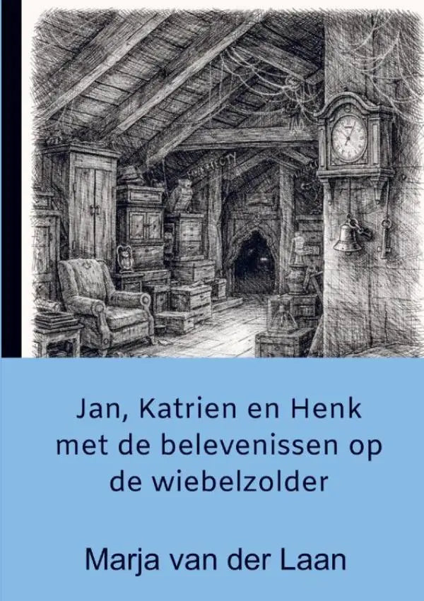 Boekcover van jan katrien en henk met een gedetailleerde zwart-wit schets van een zolder met houten balken en een klok