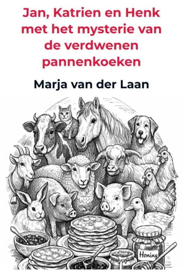 Een zwart-witte geïllustreerde boekcover voor jonge lezers met farm animals en verdwenen pannenkoeken thema