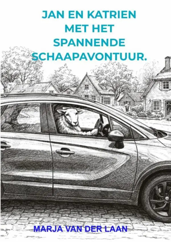 Illustratie van een zwart-witte auto met een schaap als bestuurder geparkeerd op keien voor huizen in spannende schaapavontuur voor jonge lezers