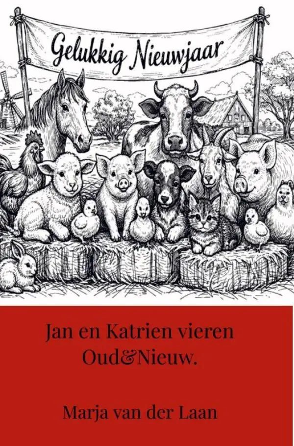 Zwart-wit geïllustreerde boekcover jan en katrien vieren oud&nieuw met feestelijke boerderijdieren en rode tekst