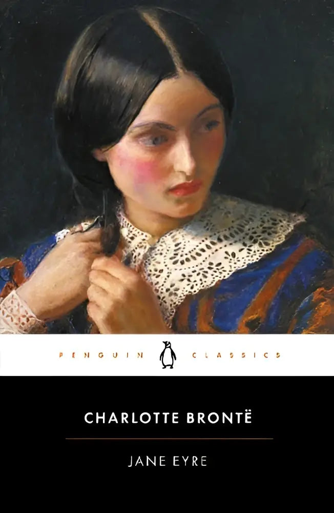 Penguin classics editie van jane eyre door charlotte bronte met een beschilderde omslag van een jonge vrouw in blauw en wit