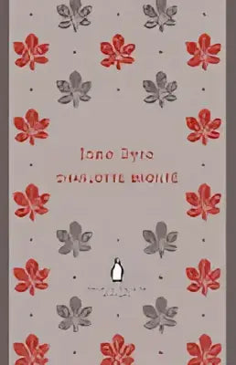 Een boek met een grijze kaft, versierd met rode en zwarte bloemmotieven, getiteld jane eyre van charlotte brontë