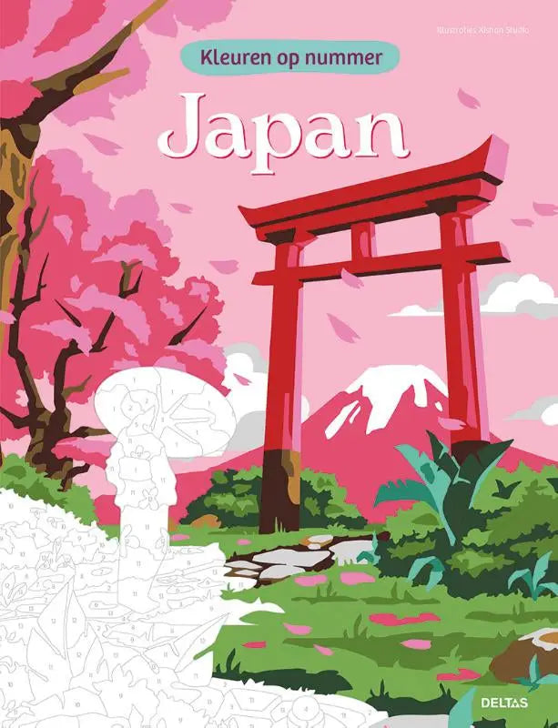 Illustratie van japanse torii poort en sakura op kleurboekcover japan kleuren op nummer door deltas chantecler