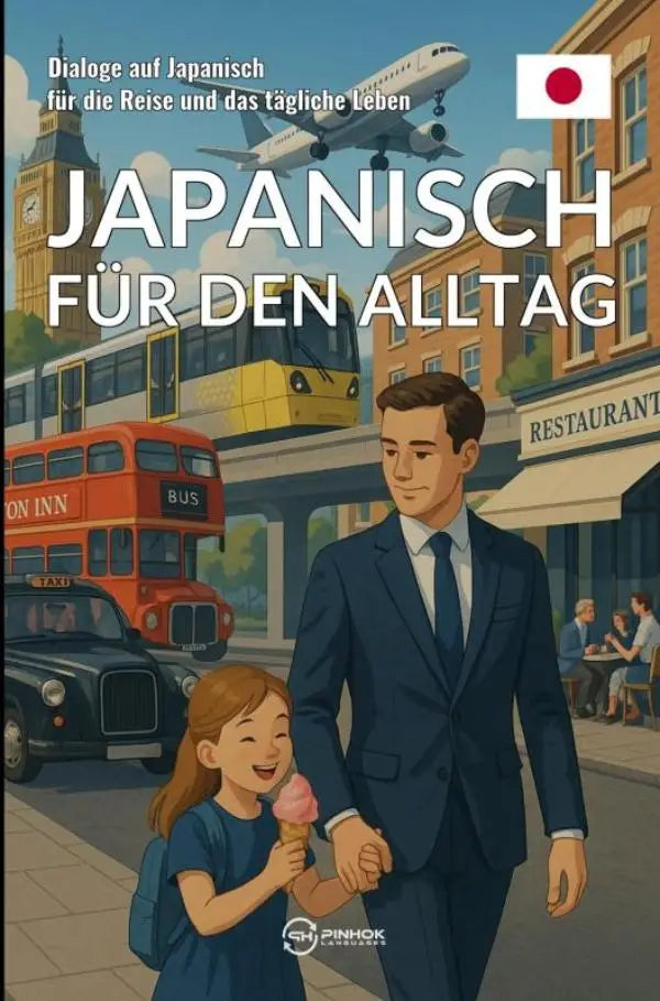 Een kleurrijke illustratie van een boekcover japanisch für den alltag met een man en meisje in een stedelijke omgeving met dialoge auf japanisch