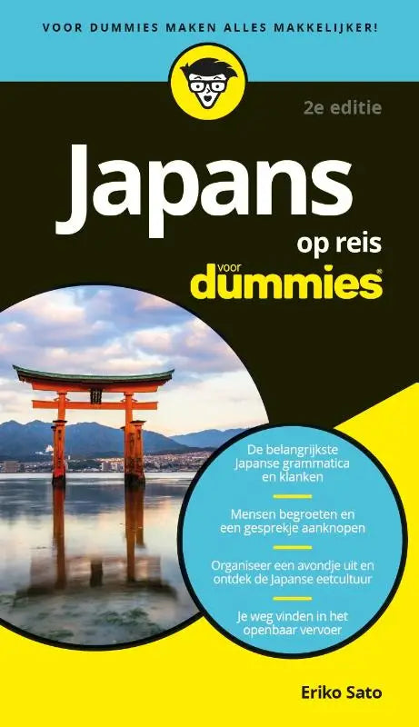 Cover van het boek Japans voor Dummies op reis met een oranje torii poort en berglandschap op achtergrond