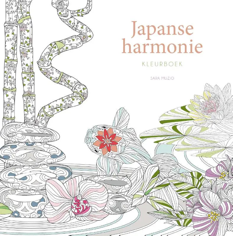 Japanse harmonie kleurboek met gedetailleerde lijntekeningen van bamboe, koi vis en bloemen in roze, groen en paars