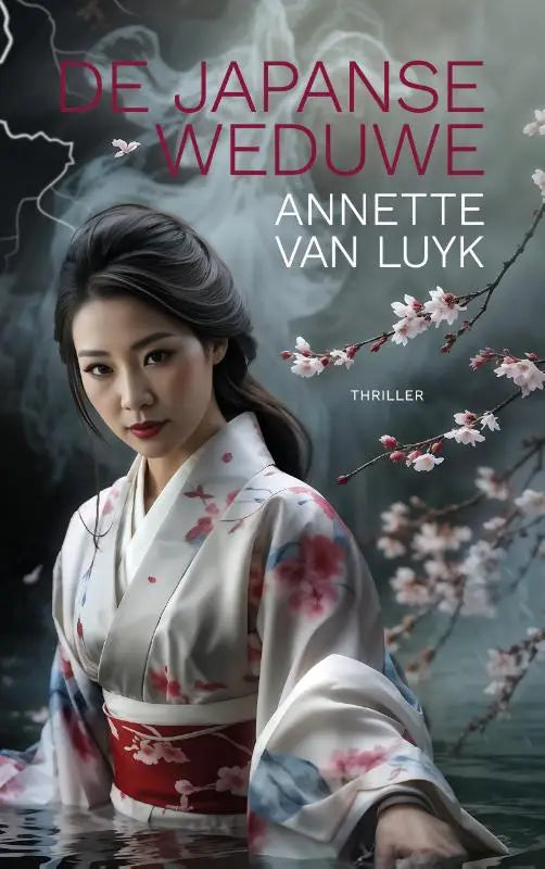 Een vrouw in een witte kimono met roze en blauwe bloemenpatronen en een rode obi riem van de japanse weduwe