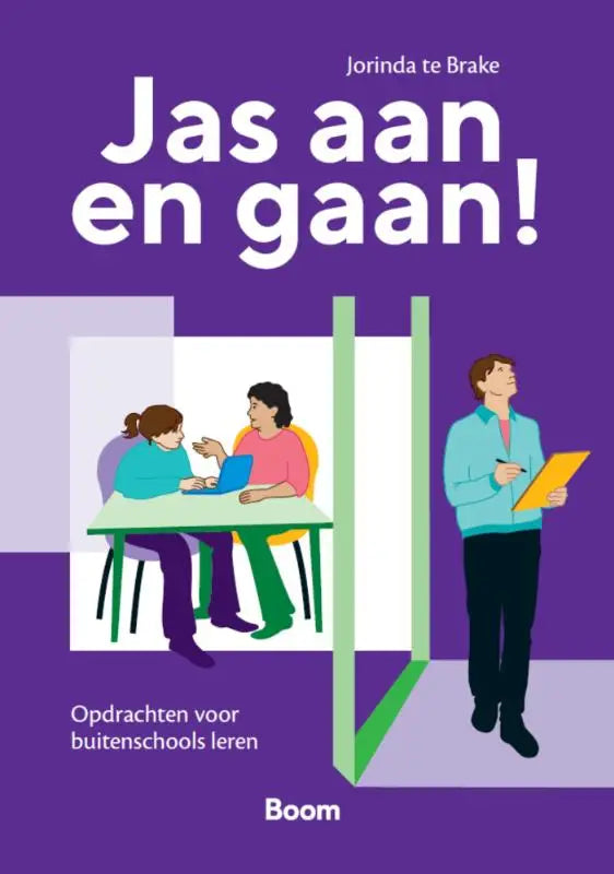 Paarse boekcover van jas aan en gaan door jorinda te brake met illustraties van buitenschools leren bij een groene deur