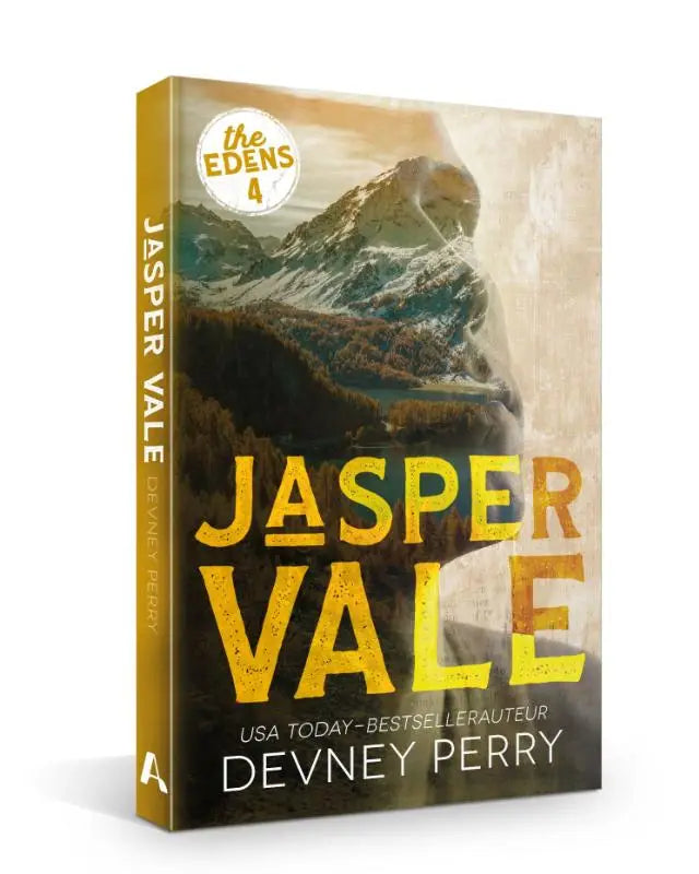 Jasper vale hardcover boek met getextureerde kaft en bergafbeelding in geel op donkere achtergrond the edens