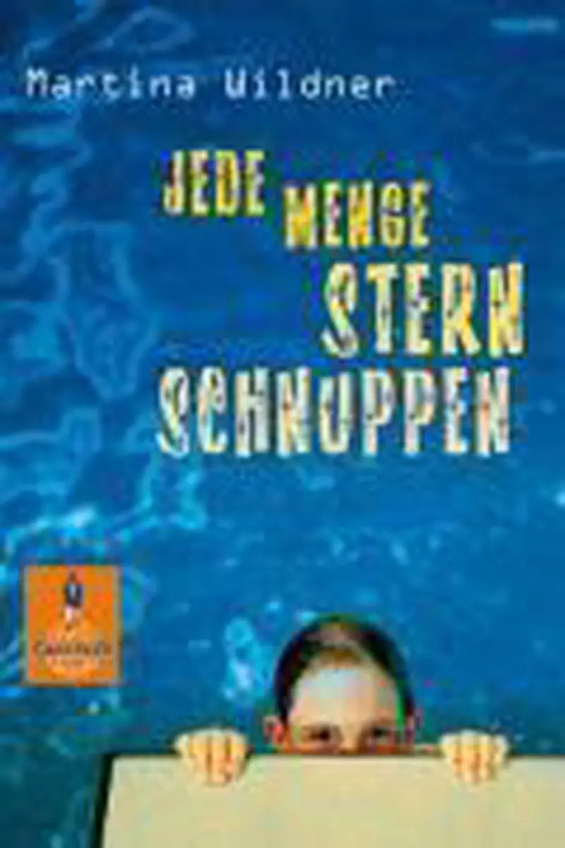 Blauw boek cover mit gele und witte tekst und kindergesicht, jede menge sternschnuppen produkt