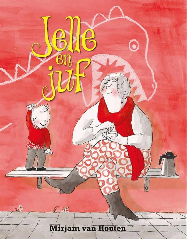 De cover van het kinderboek jelle en juf door mirjam van houten toont een illustratie met een vrouw in rood wit voor jonge lezers