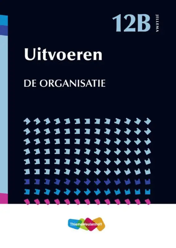 Donkerblauw leerboek met lichtblauwe en roze geometrische patronen getiteld uitvoeren de organisatie door jellema voor 12b uitvoeren