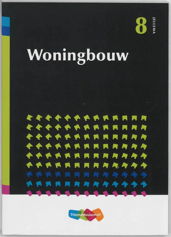 Zwarte tekstboek woningbouw met limegroene en blauwe huisvormige iconen op de omslag door Jellema