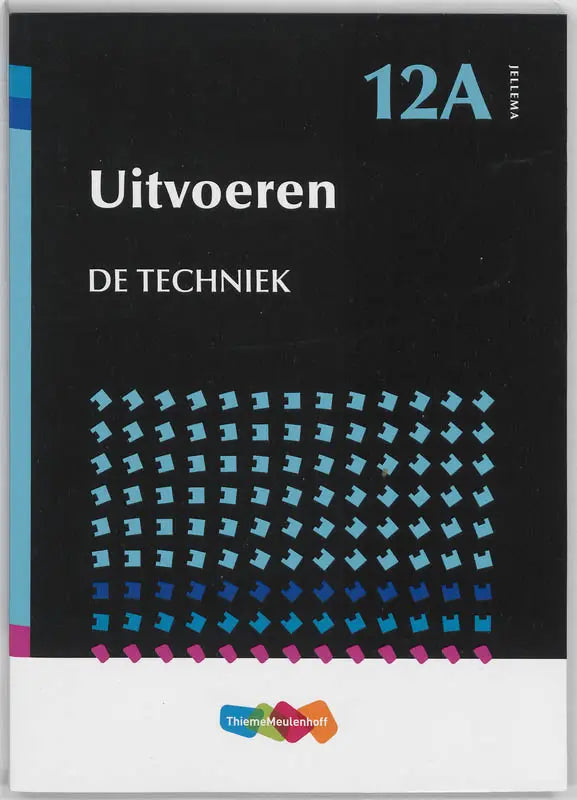 Zwarte studieboek met blauwe en roze geometrische patronen getiteld uitvoeren de techniek voor 12a door jellema
