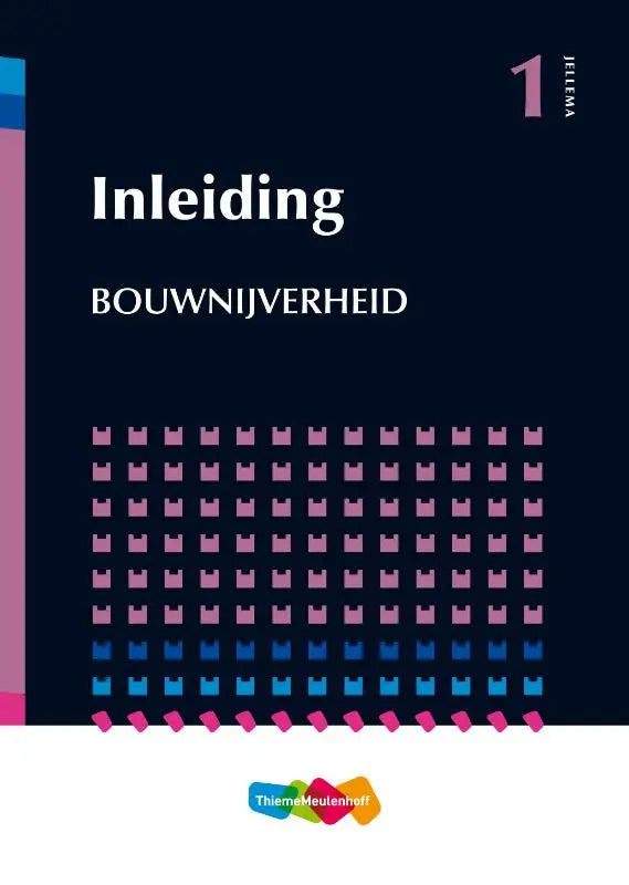 Donkerblauwe boekcover met roze en lichtblauwe geometrische patronen van jellema inleiding bouwnijverheid