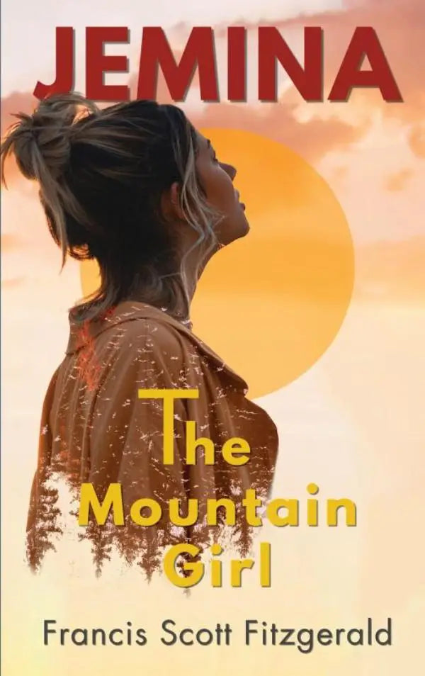 De omslag van het boek jemina the mountain girl toont een vrouw met donker haar en een bruin textuur kledingstuk tegen een oranje zonsondergang