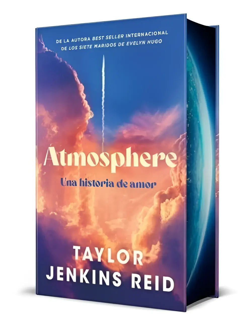 De boek jenkins reid spanish edition atmosphere heeft een levendige omslag met oranje en paarse wolken en een raket