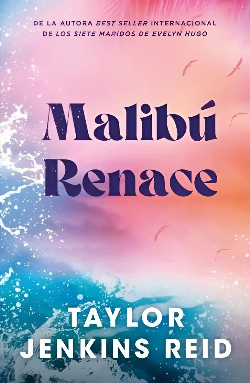 De boekcover van malibu renace door jenkins reid toont een levendige gradient van roze, oranje en blauwe tinten met gestileerde oceaangolven