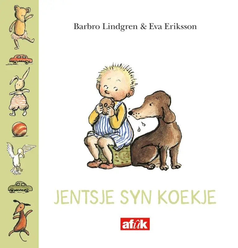 Een charmant geïllustreerde kinderenboekcover van jentsje syn koekje met een kind in gestreepte overall en een bruine teckel