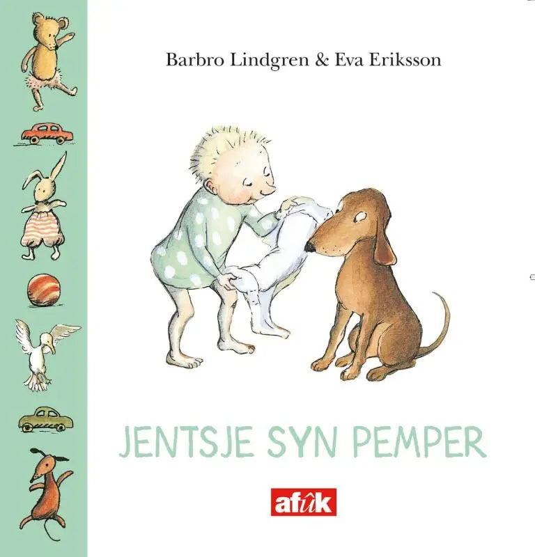 Kinderboek jentsje syn pemper met zachte aquarelillustratie van kind in groene jurk die witte doek om hals van bruine hond wikkelt