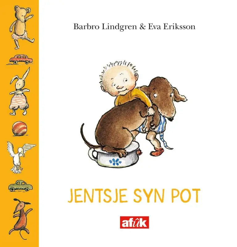 Kinderboek jentsje syn pot met cartoon jongen in gele shirt en blauwe korte broek rijdend op bruine teckel op wit keramiek potje