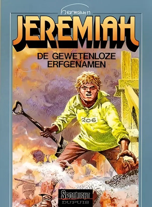Jonge jongen draagt een levendige geelgroene hoodie genaamd jeremiah in een avontuurlijke actie illustratie