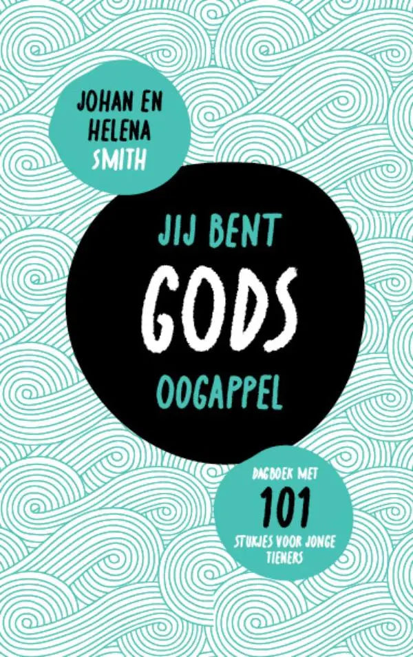 De boekcover van jij bent gods oogappel toont een zwart cirkelontwerp met teksten en namen voor jonge tieners