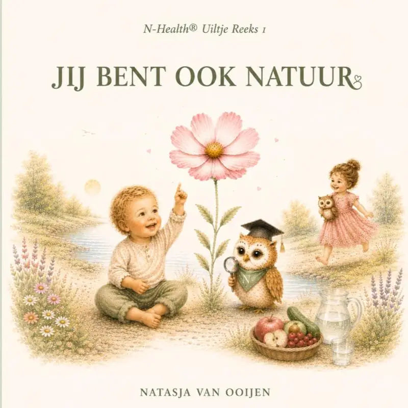 Soft roze cosmos bloem met gele kern op de omslag van het uniek educatief verwonderboek voor jonge lezers
