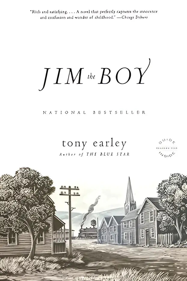 De boekcover voor jim the boy van tony earley toont een zwart-wit illustratie van een klein stadje, zowel vriendelijk als wijs