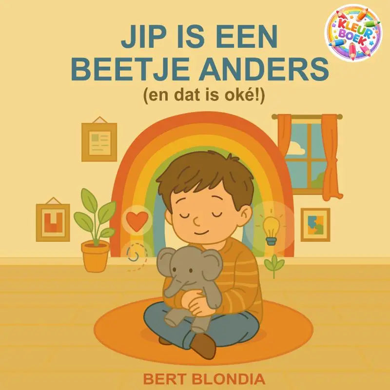 Een zachte grijze pluchen olifant wordt vastgehouden door een kind op de omslag van het boek jip is een beetje anders voor jonge lezers