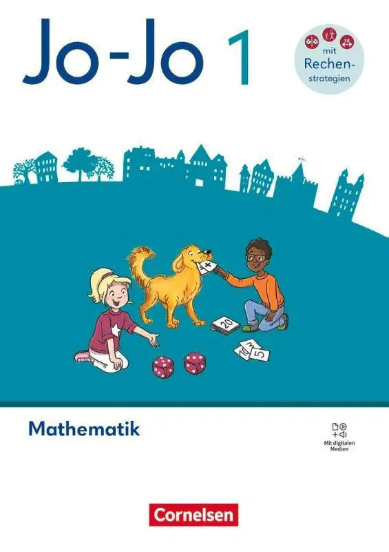 Cover van jo-jo mathematik 1 schuljahr allgemeine ausgabe met cartoonkinderen en hond spelend met dobbelstenen op teal achtergrond
