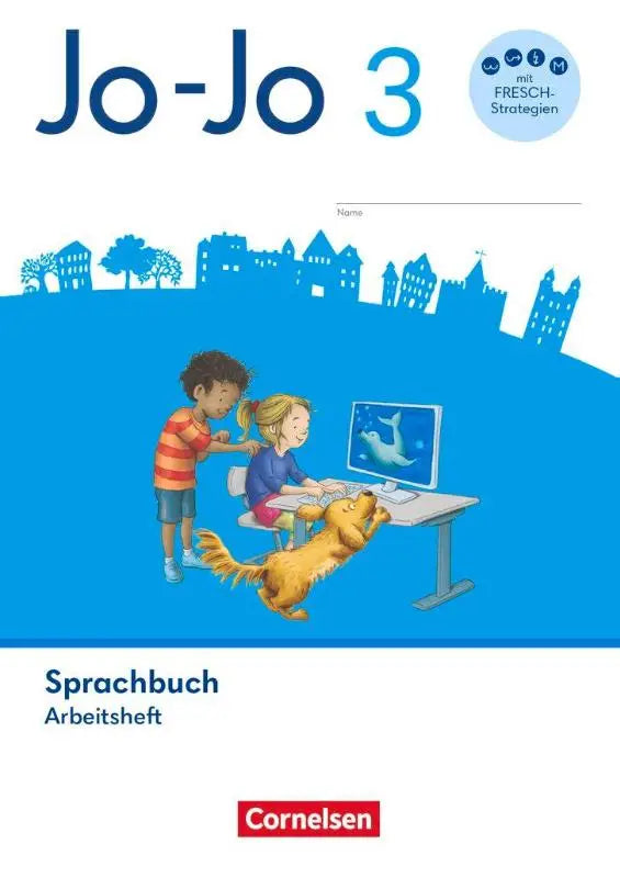 Blauw jo-jo sprachbuch 3 algemene ausgabe werkboek met cartoon van kinderen en hond aan computer voor 3e klas