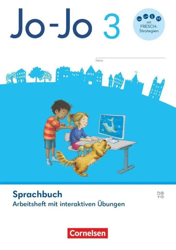 Blauw omslag jo-jo sprachbuch arbeitsheft mit interactieve oefeningen en illustratie van kinderen en hond