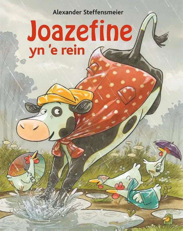 Joazefine yn de rein toont een cartoonkoe in een rood gestipte regenjas en gele hoed voor jonge lezers