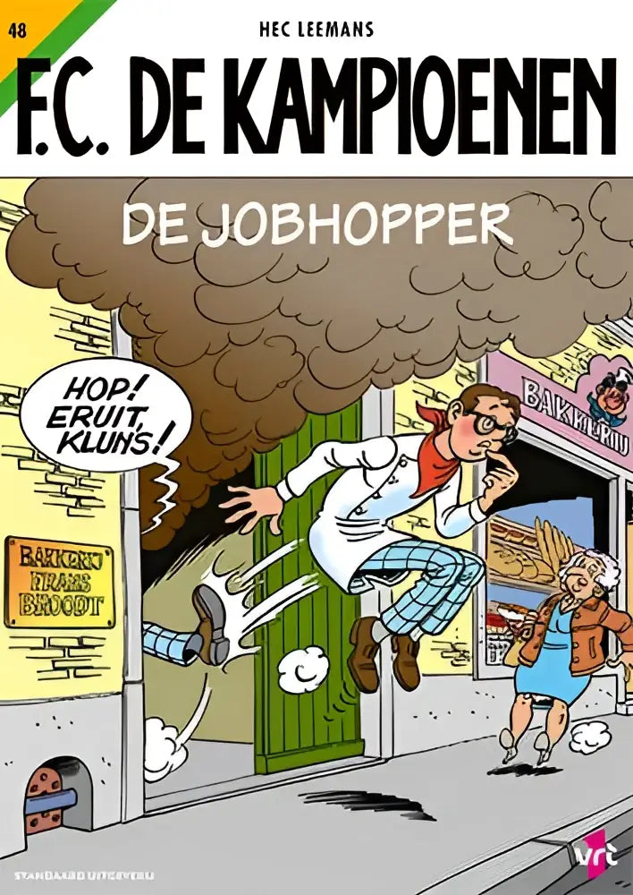 Een cartoonillustratie van een man in een wit jasje en blauw geruite broek die door de lucht springt met rook achter zich op de cover van de jobhopper