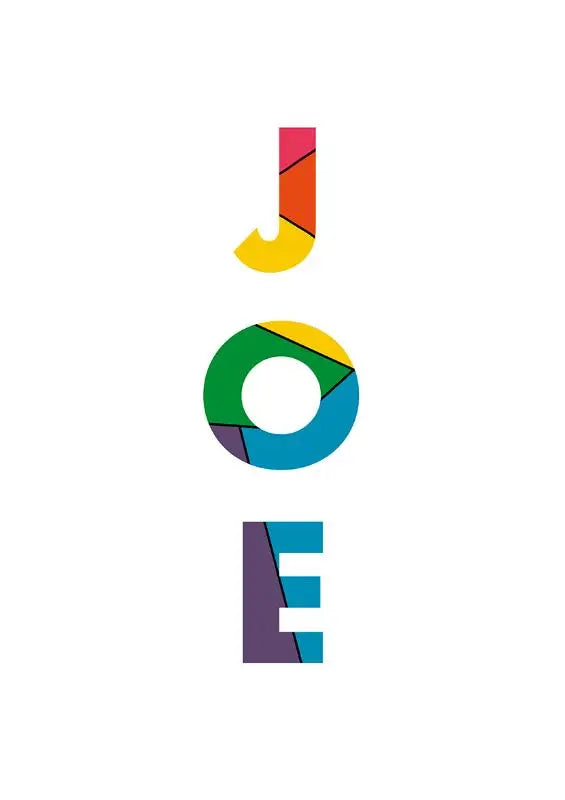 De kleurrijke, geometrisch opgebouwde logo van joe voor het product joe jongeren seksualiteit en genderidentiteit gericht op jonge lezers