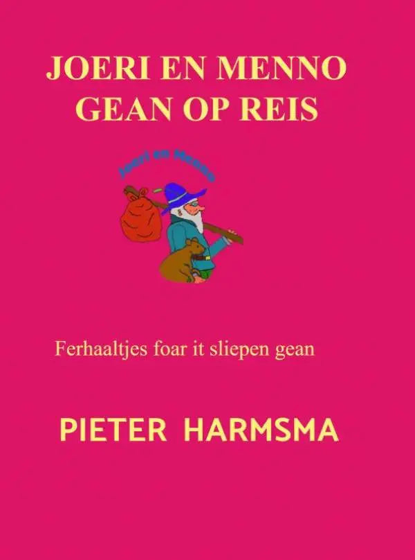 Vibrant roze boekcover met cartoon van joeri en menno voor het ferhaaltjes foar sliepen gean boek joeri en menno gean op reis