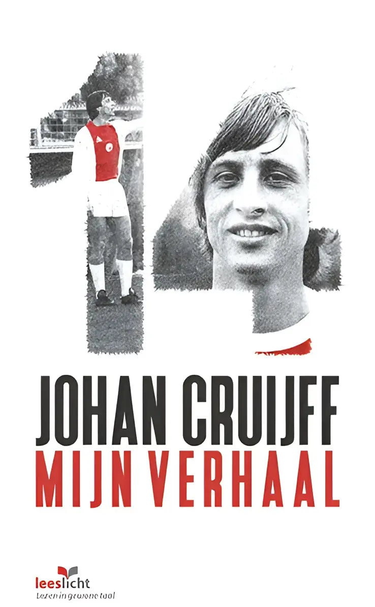 Boekcover van johan cruijff mijn verhaal met zwart-wit portret en rood-zwarte tekst op witte achtergrond