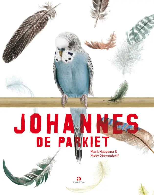 Een prachtig geïllustreerde blauwe en witte parkiet op een houten tak met kleurrijke veren voor jonge lezers