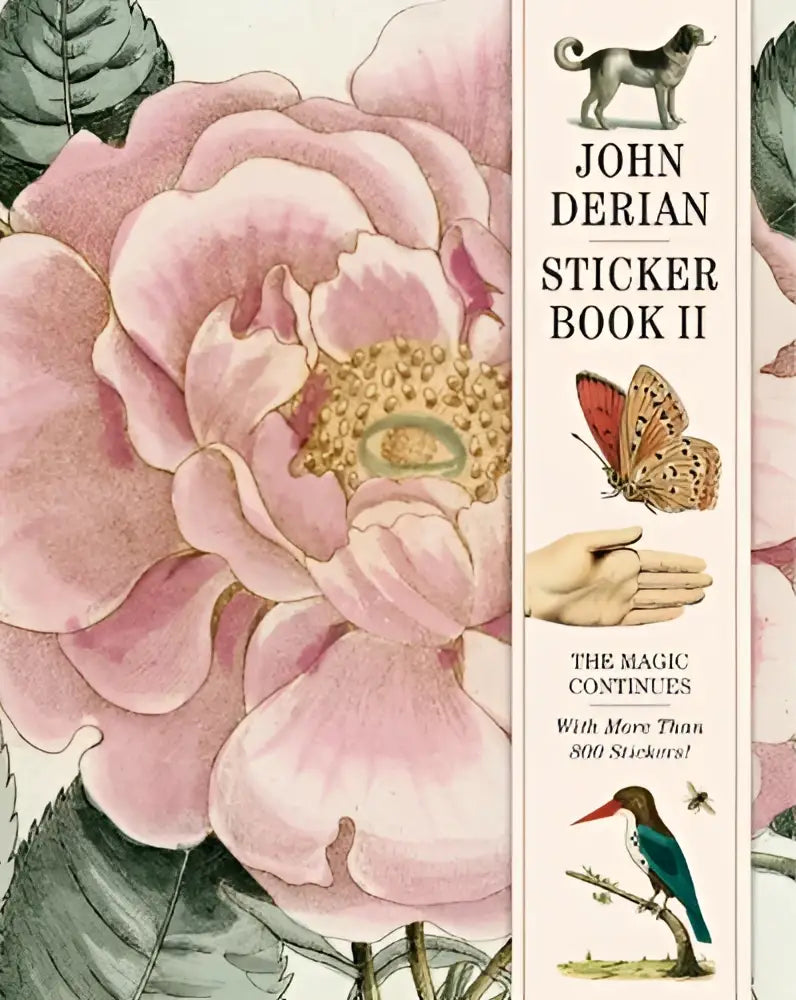 John derian sticker book ii met gedetailleerde illustratie van roze roos, groene bladeren en kleine dierstickers op cover