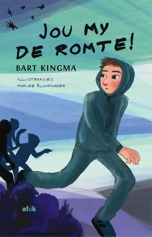 Cartoonillustratie van een jongen in een donkergroene hoodie en broek die rent met silhouetten van andere kinderen in jou my de romte