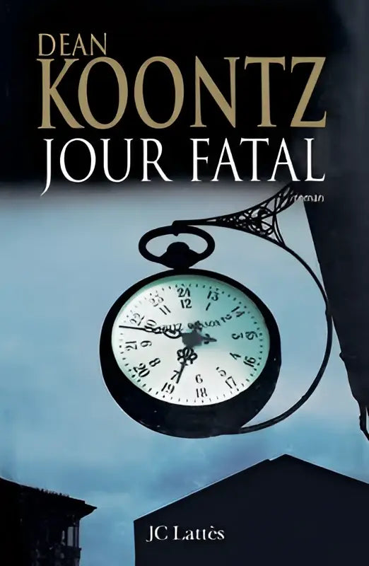 Een zwarte zakhorloge jour fatal met een witte wijzerplaat en gouden wijzers, hangend aan een sierlijke metalen beugel