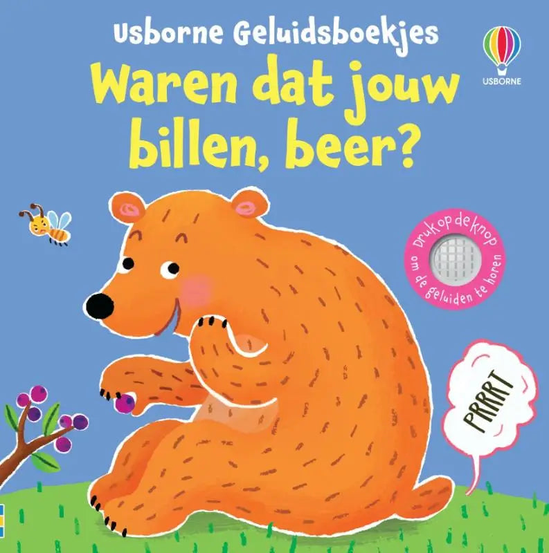 Illustratie van een oranje beer op de voorkant van het interactieve geluidenboek waren dat jouw billen beer voor jonge lezers