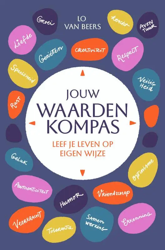 De boek cover van jouw waardenkompas toont een kleurrijk ontwerp met woorden als liefde en respect om het thema leef je leven op eigen wijze