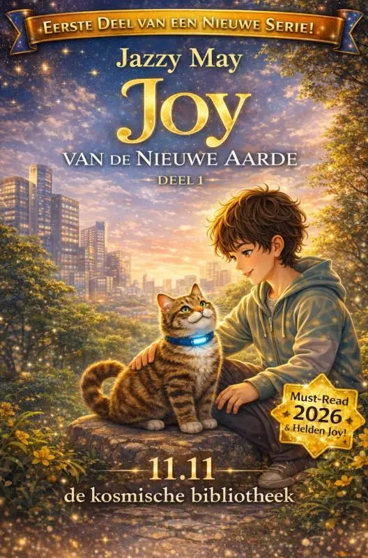 A tabby kat met een gloeiende blauwe kraag zit naast een jongen op een steen bij de kosmische bibliotheek van nieuwe aarde voor jonge lezers